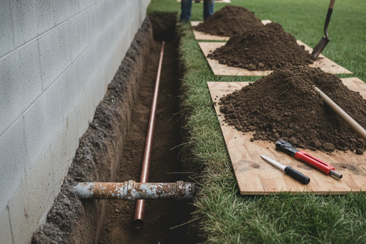 Excavated water line trench during Sewer Line Repair in Cramerton